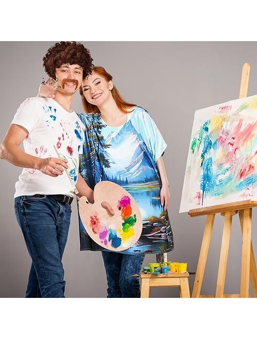 Qilery 16 Pcs Halloween Couple Costume Set 80s Landscape Painter Costume Women's Artist Painting Tree Tunic Dress Painter Wig Beard Wood Painting Palette and Brush for Ha