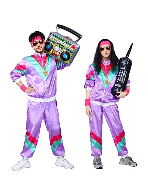 Kicpot 80s Tracksuit Outfit for Men Women Retro Jacket Shell Hip Hop Windbreaker Mens 80s Costumes Halloween Party