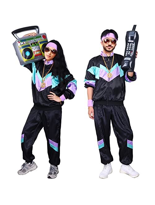 Kicpot 80s Tracksuit Outfit for Men Women Retro Jacket Shell Hip Hop Windbreaker Mens 80s Costumes Halloween Party