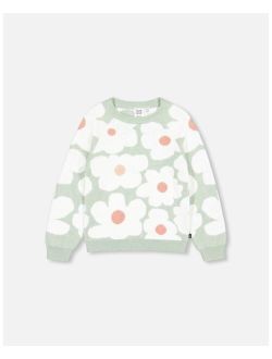 Girl Jacquard Knit Sweater Sage Green With Retro Flowers - Child