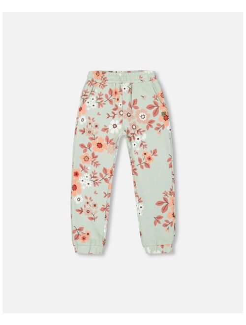 DEUX PAR DEUX Girl Printed Fleece Sweatpants Sage Green With Flowers - Child