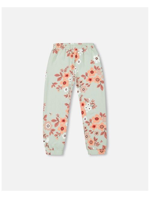 DEUX PAR DEUX Girl Printed Fleece Sweatpants Sage Green With Flowers - Child