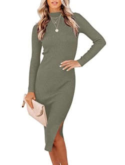 WONETA Women's Sweater Dress 2023 Fall Long Sleeve Mock Neck Ribbed Knit Slim Fit Slit Midi Bodycon Dresses