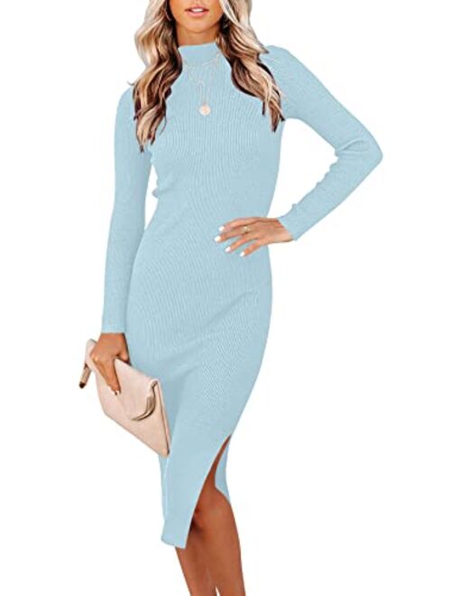 WONETA Women's Sweater Dress 2023 Fall Long Sleeve Mock Neck Ribbed Knit Slim Fit Slit Midi Bodycon Dresses