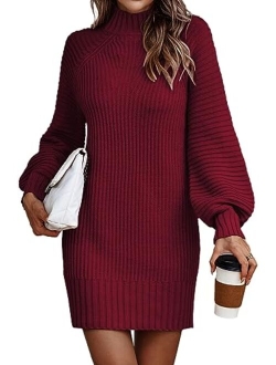 LILLUSORY Women's Mock Neck Pullover Sweater Dress Lantern Sleeve Ribbed Knit Tunic Sweater