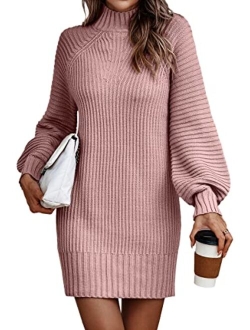 LILLUSORY Women's Mock Neck Pullover Sweater Dress Lantern Sleeve Ribbed Knit Tunic Sweater