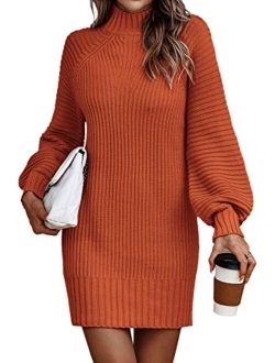 LILLUSORY Women's Mock Neck Pullover Sweater Dress Lantern Sleeve Ribbed Knit Tunic Sweater