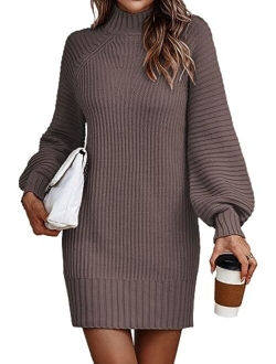 LILLUSORY Women's Mock Neck Pullover Sweater Dress Lantern Sleeve Ribbed Knit Tunic Sweater