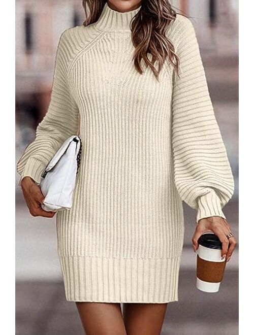 LILLUSORY Women's Mock Neck Pullover Sweater Dress Lantern Sleeve Ribbed Knit Tunic Sweater