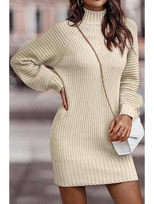 LILLUSORY Women's Mock Neck Pullover Sweater Dress Lantern Sleeve Ribbed Knit Tunic Sweater