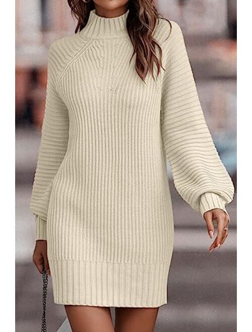 LILLUSORY Women's Mock Neck Pullover Sweater Dress Lantern Sleeve Ribbed Knit Tunic Sweater