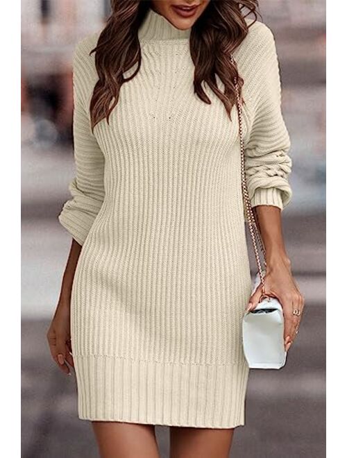 LILLUSORY Women's Mock Neck Pullover Sweater Dress Lantern Sleeve Ribbed Knit Tunic Sweater