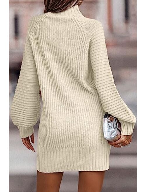 LILLUSORY Women's Mock Neck Pullover Sweater Dress Lantern Sleeve Ribbed Knit Tunic Sweater