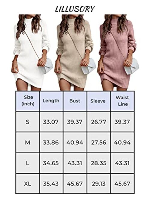 LILLUSORY Women's Mock Neck Pullover Sweater Dress Lantern Sleeve Ribbed Knit Tunic Sweater