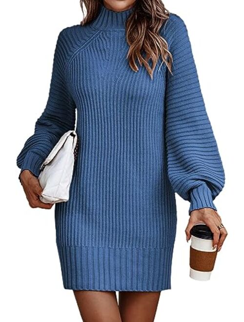 LILLUSORY Women's Mock Neck Pullover Sweater Dress Lantern Sleeve Ribbed Knit Tunic Sweater