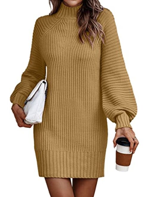 LILLUSORY Women's Mock Neck Pullover Sweater Dress Lantern Sleeve Ribbed Knit Tunic Sweater