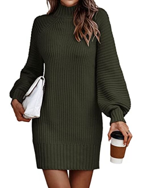 LILLUSORY Women's Mock Neck Pullover Sweater Dress Lantern Sleeve Ribbed Knit Tunic Sweater