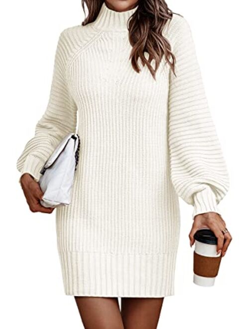 LILLUSORY Women's Mock Neck Pullover Sweater Dress Lantern Sleeve Ribbed Knit Tunic Sweater