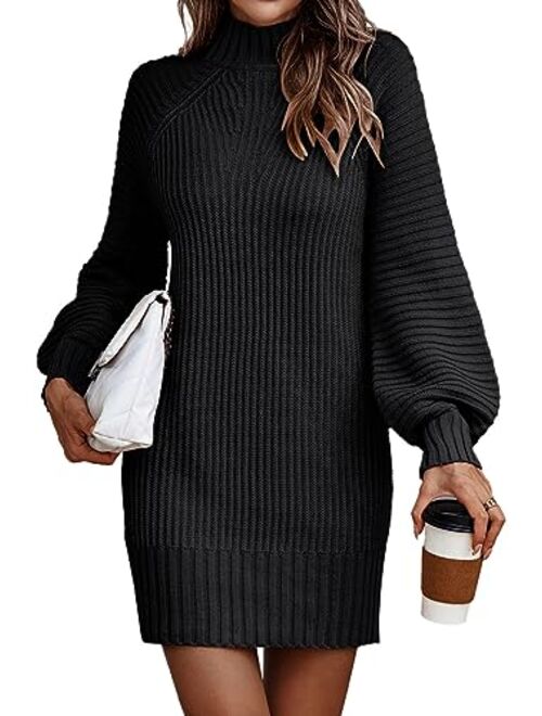 LILLUSORY Women's Mock Neck Pullover Sweater Dress Lantern Sleeve Ribbed Knit Tunic Sweater