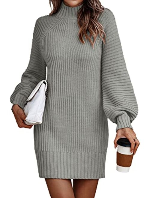 LILLUSORY Women's Mock Neck Pullover Sweater Dress Lantern Sleeve Ribbed Knit Tunic Sweater