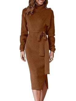 Women's Turtleneck Long Batwing Sleeve Chunky Knit Slit Slim Bodycon Tie Waist Pullover Midi Sweater Dress