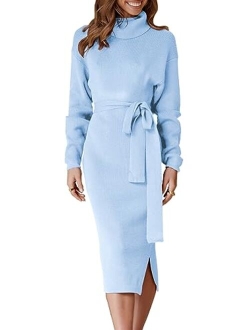 Women's Turtleneck Long Batwing Sleeve Chunky Knit Slit Slim Bodycon Tie Waist Pullover Midi Sweater Dress