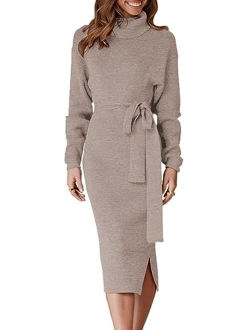 Women's Turtleneck Long Batwing Sleeve Chunky Knit Slit Slim Bodycon Tie Waist Pullover Midi Sweater Dress