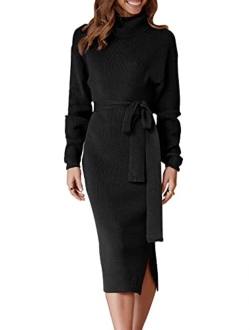 Women's Turtleneck Long Batwing Sleeve Chunky Knit Slit Slim Bodycon Tie Waist Pullover Midi Sweater Dress