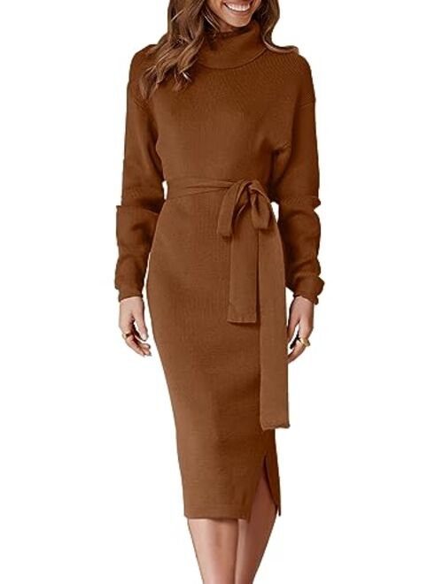 ANRABESS Women's Turtleneck Long Batwing Sleeve Chunky Knit Slit Slim Bodycon Tie Waist Pullover Midi Sweater Dress