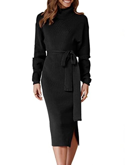 ANRABESS Women's Turtleneck Long Batwing Sleeve Chunky Knit Slit Slim Bodycon Tie Waist Pullover Midi Sweater Dress