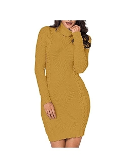 Koinshha Women's Sweater Dress Cable Knit Slim Fit Warm Turtleneck Sweater Dress