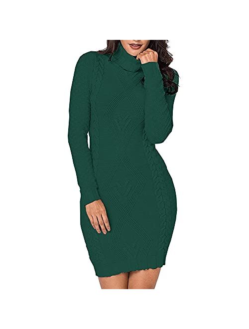 Koinshha Women's Sweater Dress Cable Knit Slim Fit Warm Turtleneck Sweater Dress