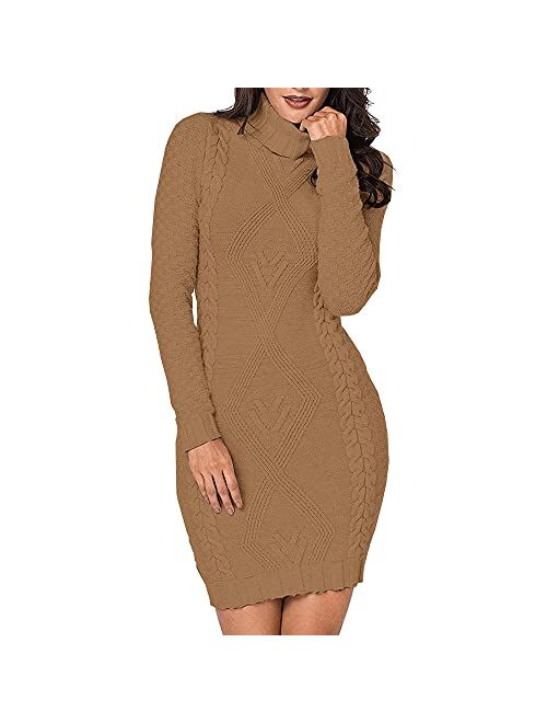 Koinshha Women's Sweater Dress Cable Knit Slim Fit Warm Turtleneck Sweater Dress