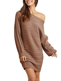 KIRUNDO Women's 2023 Fall Winter Off Shoulder Sweater Dress Cable Knit Long Sleeve Casual Loose Oversized Pullover