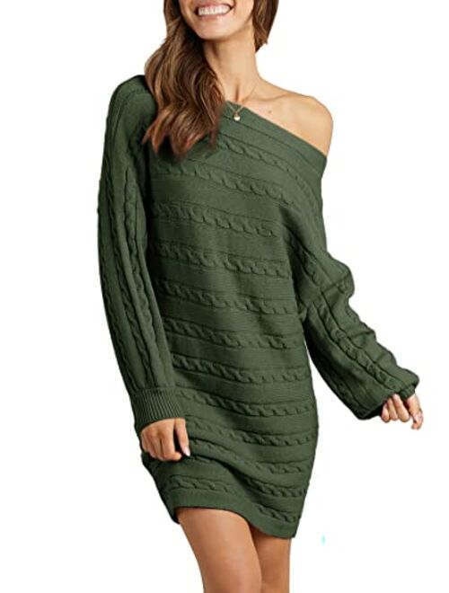 KIRUNDO Women's 2023 Fall Winter Off Shoulder Sweater Dress Cable Knit Long Sleeve Casual Loose Oversized Pullover