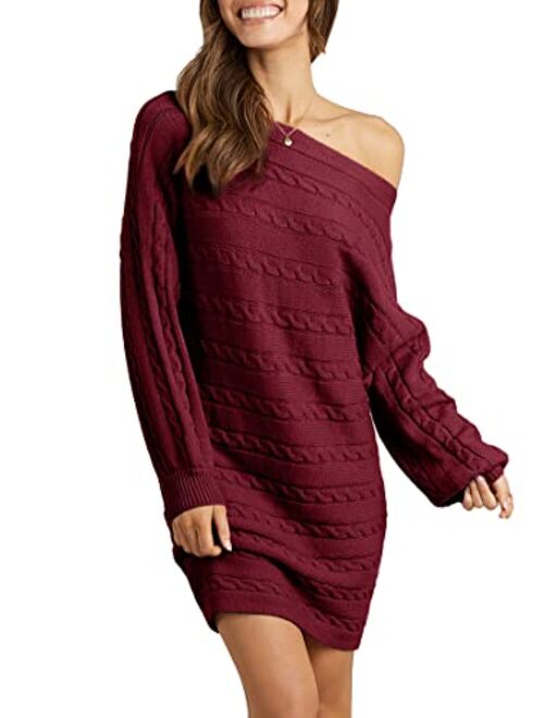 KIRUNDO Women's 2023 Fall Winter Off Shoulder Sweater Dress Cable Knit Long Sleeve Casual Loose Oversized Pullover