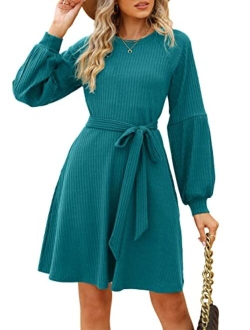 SHERRYRISE Women's Long Sleeve Crew Neck Ribbed Knit High Waist Sweater Dress with Pockets