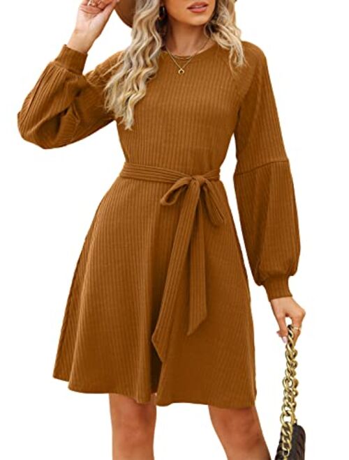 SHERRYRISE Women's Long Sleeve Crew Neck Ribbed Knit High Waist Sweater Dress with Pockets