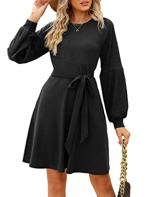 SHERRYRISE Women's Long Sleeve Crew Neck Ribbed Knit High Waist Sweater Dress with Pockets