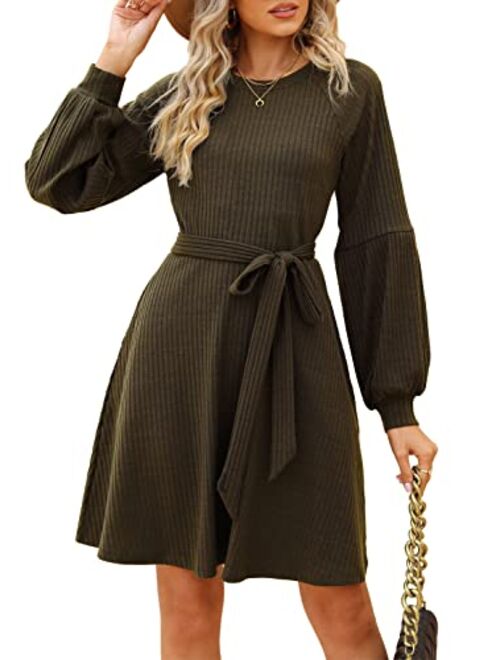 SHERRYRISE Women's Long Sleeve Crew Neck Ribbed Knit High Waist Sweater Dress with Pockets