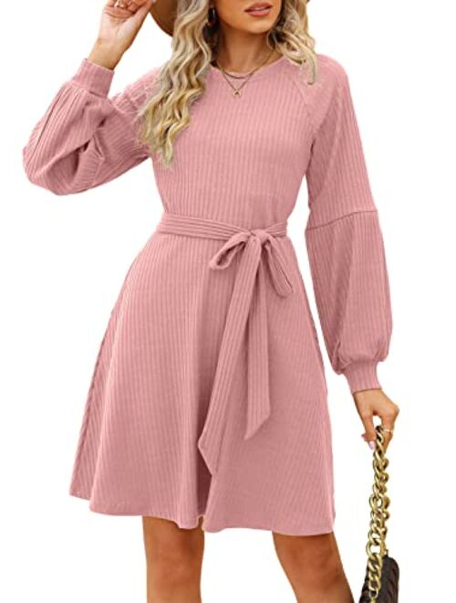 SHERRYRISE Women's Long Sleeve Crew Neck Ribbed Knit High Waist Sweater Dress with Pockets