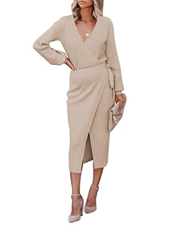 Linsery Women's Wrap V Neck Long Sleeve Belted Sweater Ribbed Knit Midi Dress