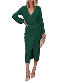 Linsery Women's Wrap V Neck Long Sleeve Belted Sweater Ribbed Knit Midi Dress