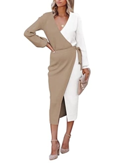 Linsery Women's Wrap V Neck Long Sleeve Belted Sweater Ribbed Knit Midi Dress