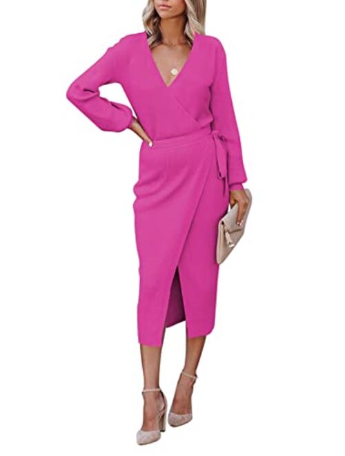 Linsery Women's Wrap V Neck Long Sleeve Belted Sweater Ribbed Knit Midi Dress