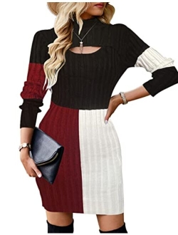 Zilcremo Women Long Sleeve Mock Neck Knit Stretch Slim Cutout Pullover Sweater Ribbed Bodycon Mini Sweater Dress