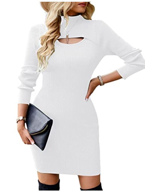 Zilcremo Women Long Sleeve Mock Neck Knit Stretch Slim Cutout Pullover Sweater Ribbed Bodycon Mini Sweater Dress