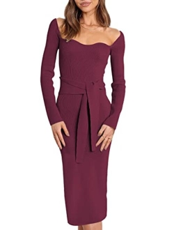 Prinbara Women's Sweater Dress 2023 Fall Long Sleeve Sweetheart Neck Tie Waist Slim Knit Midi Bodycon Dresses