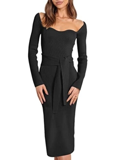 Prinbara Women's Sweater Dress 2023 Fall Long Sleeve Sweetheart Neck Tie Waist Slim Knit Midi Bodycon Dresses