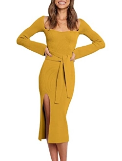 Prinbara Women's Sweater Dress 2023 Fall Long Sleeve Sweetheart Neck Tie Waist Slim Knit Midi Bodycon Dresses